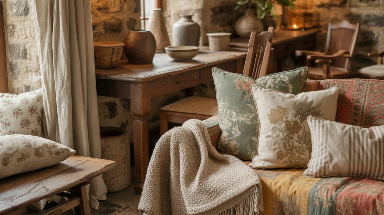 A cozy living room featuring a stone wall and a comfortable couch, creating a warm and inviting atmosphere.