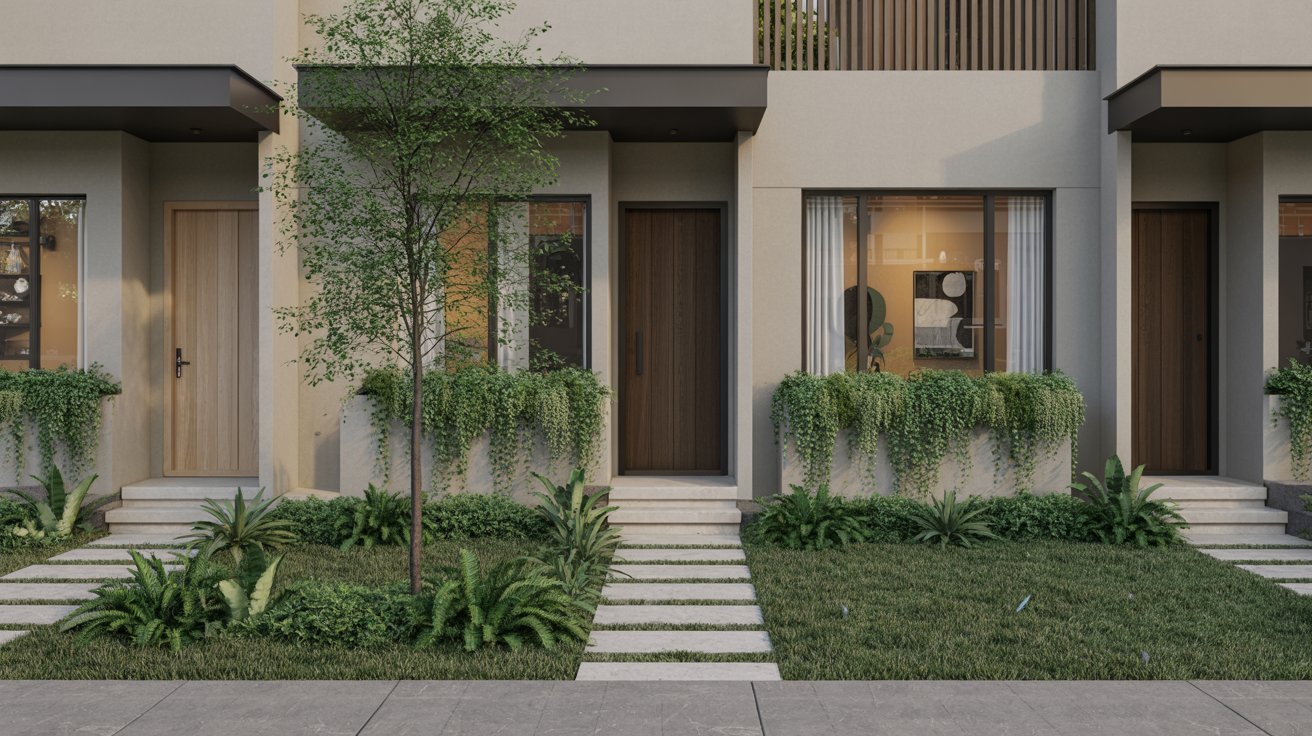  A modern house surrounded by a lush garden, featuring a clear walkway leading to the entrance.