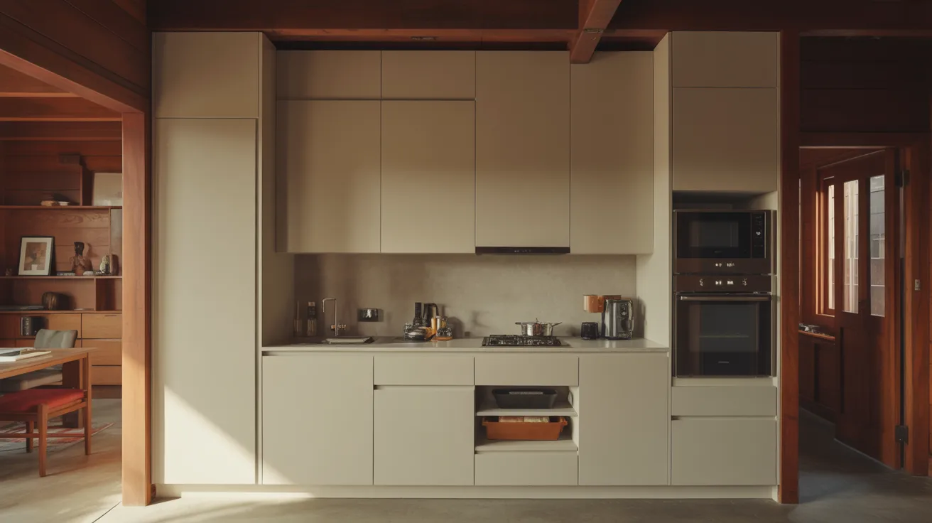 Modern kitchen with sleek cabinets and stainless steel appliances. Warm wood tones and soft lighting create a cozy, minimalist atmosphere.