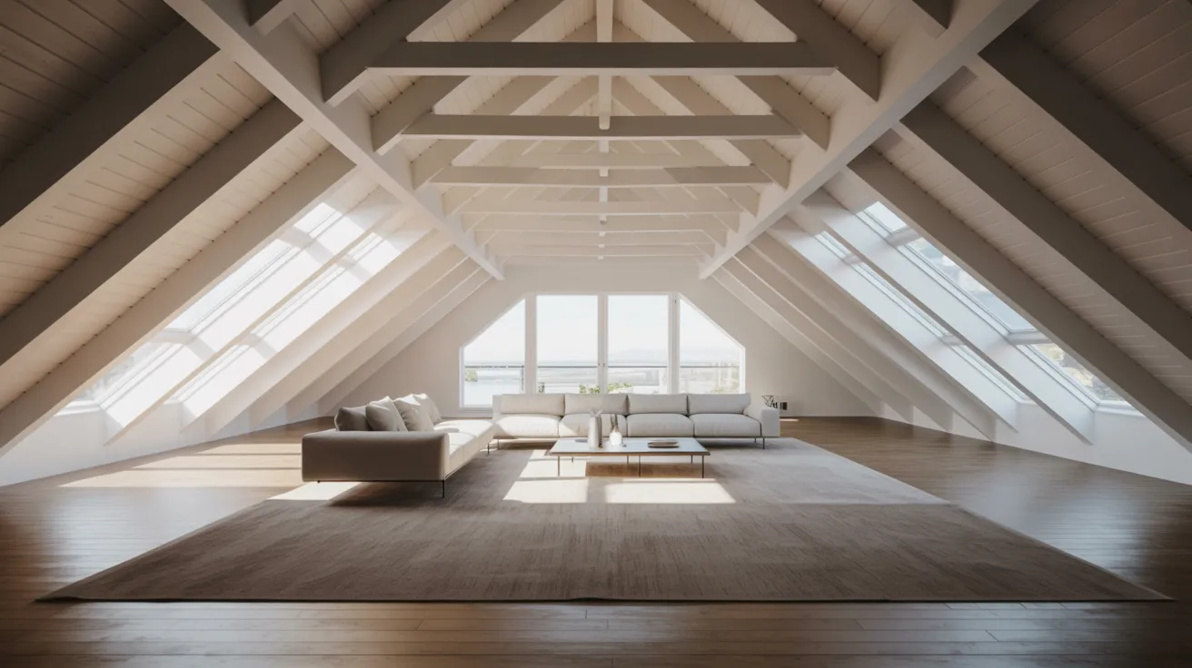 A bright attic room with a spacious window and a comfortable couch, offering a relaxing space with natural light.