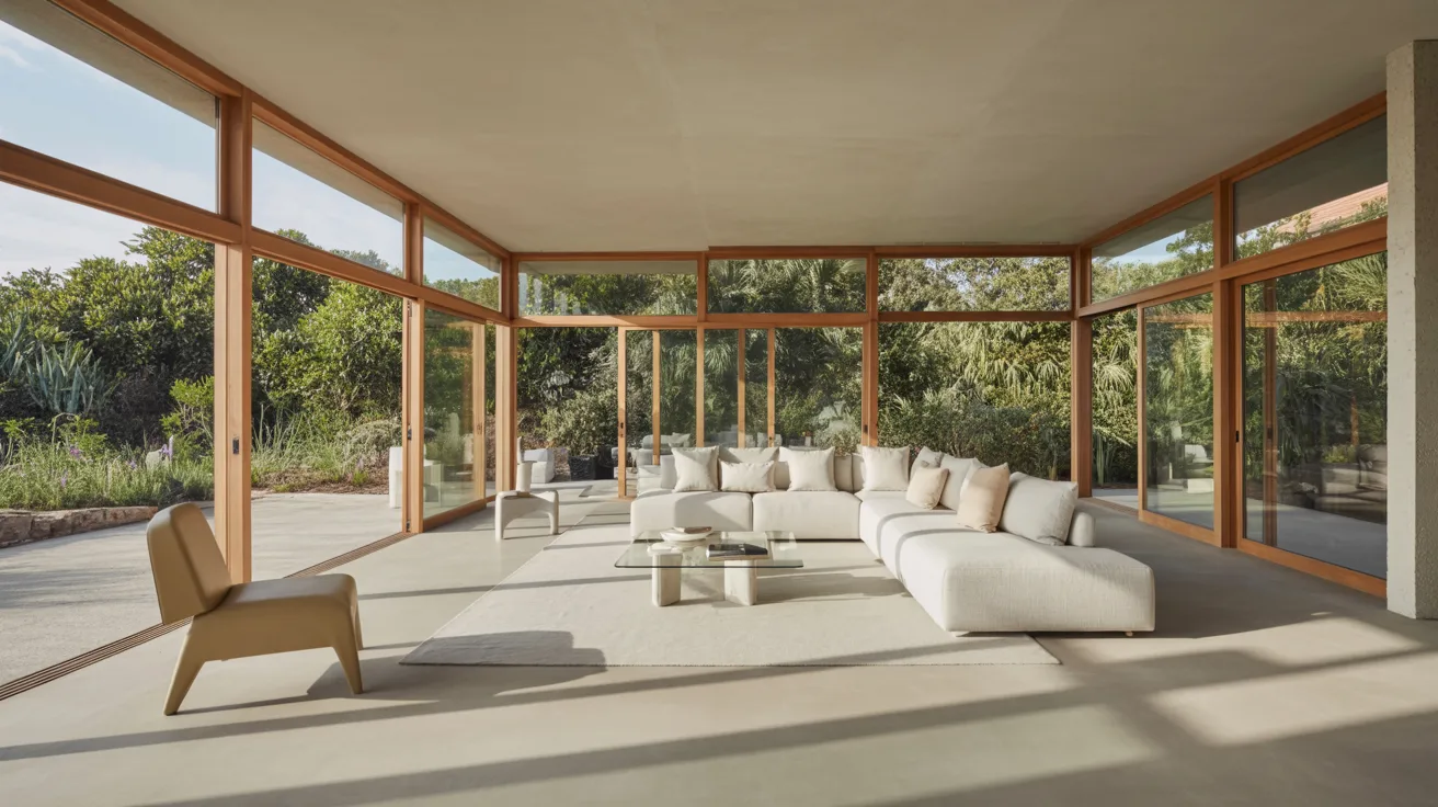 A bright living room seamlessly connects to the outdoors through large glass doors, inviting natural light and fresh air.