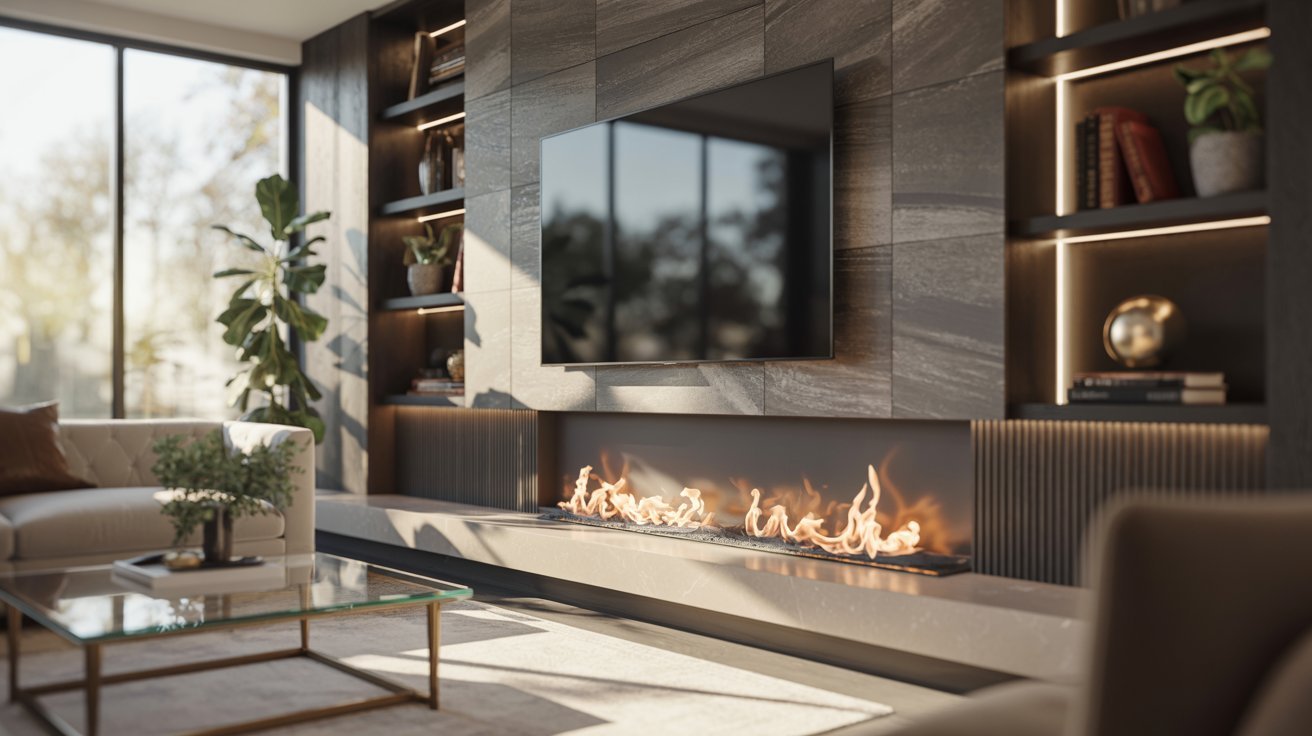 A modern living room featuring a cozy fireplace and a flat-screen television on the wall.