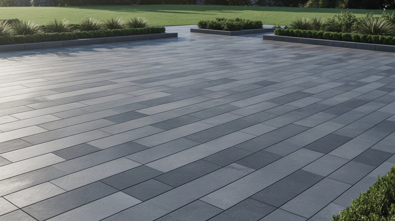 . A large outdoor patio with a surface of grey stone pavers, providing a stylish and durable flooring option.
