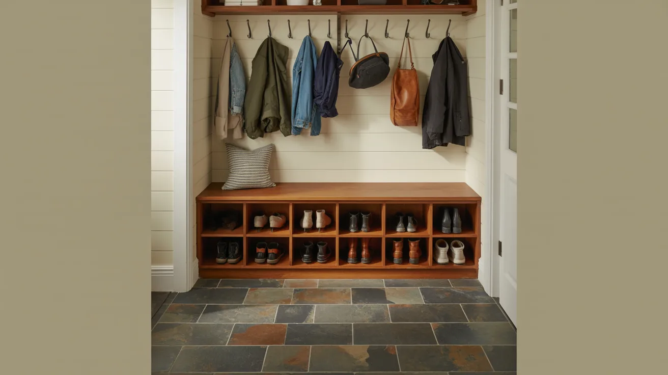 A mud room featuring a wooden bench and a coat rack, designed for organizing outerwear and footwear.