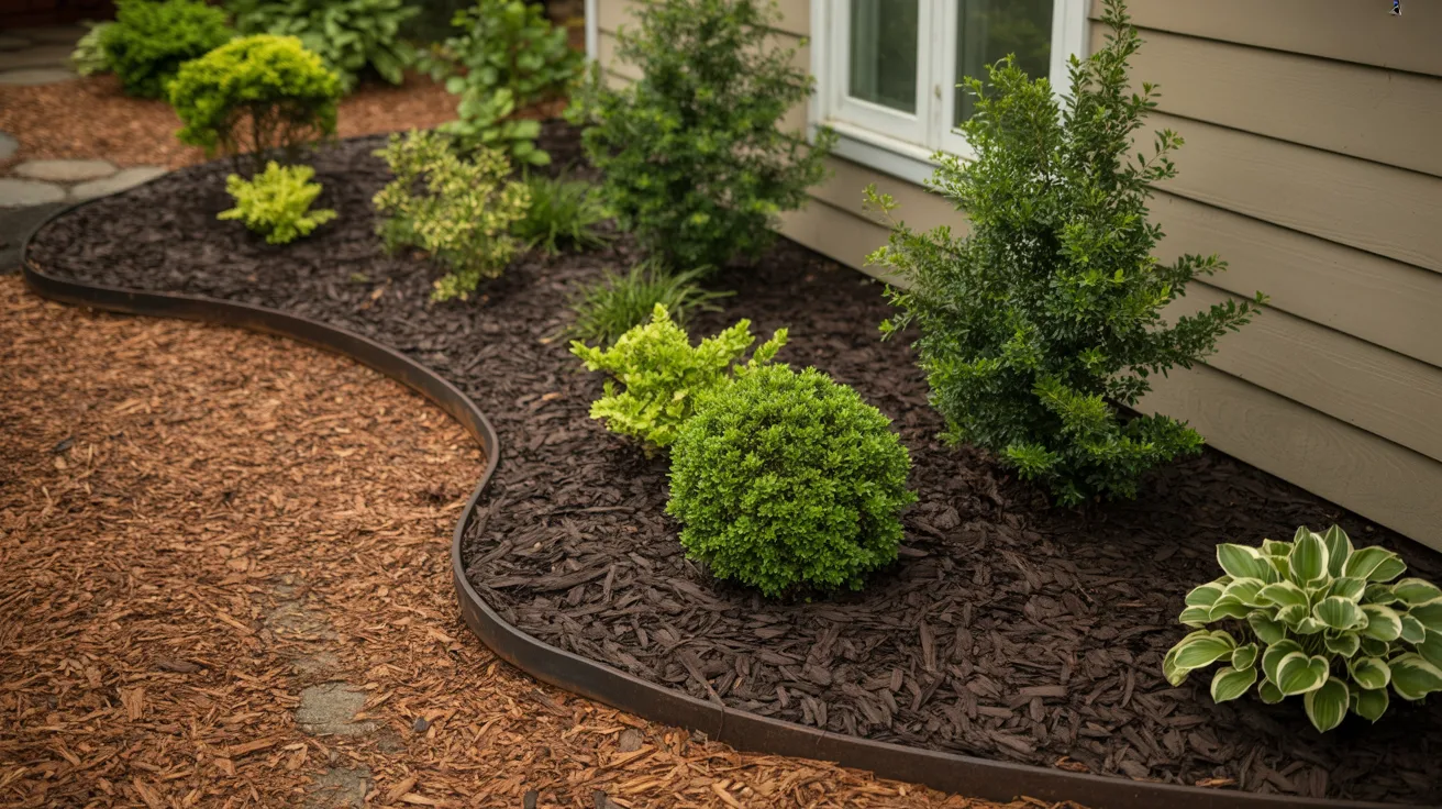 A garden bed featuring fresh mulch and a variety of vibrant plants growing throughout the soil.