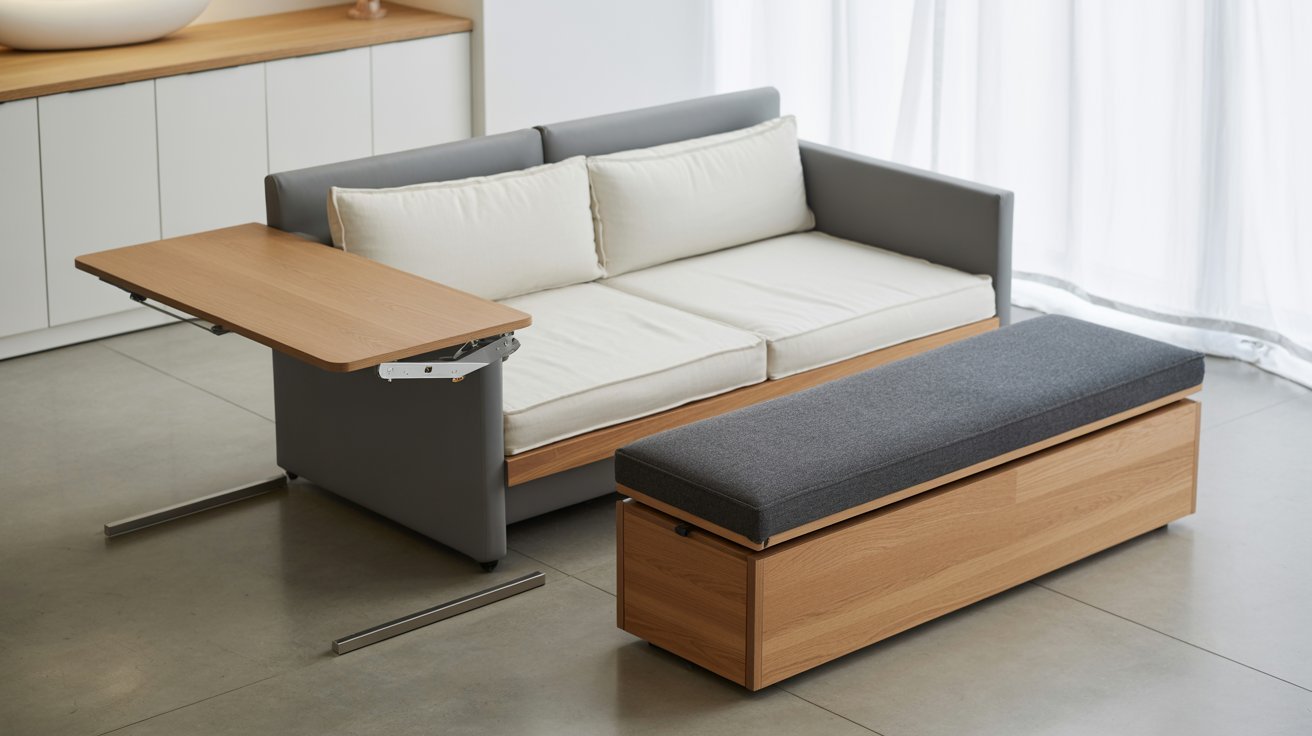 A modern sofa and bench arranged in a stylish room, showcasing contemporary design and comfortable seating.