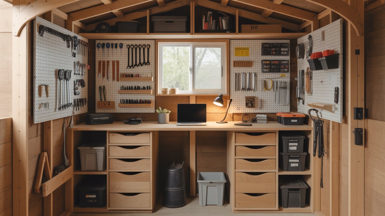 A shed interior featuring a desk surrounded by various tools organized on shelves and walls.s
