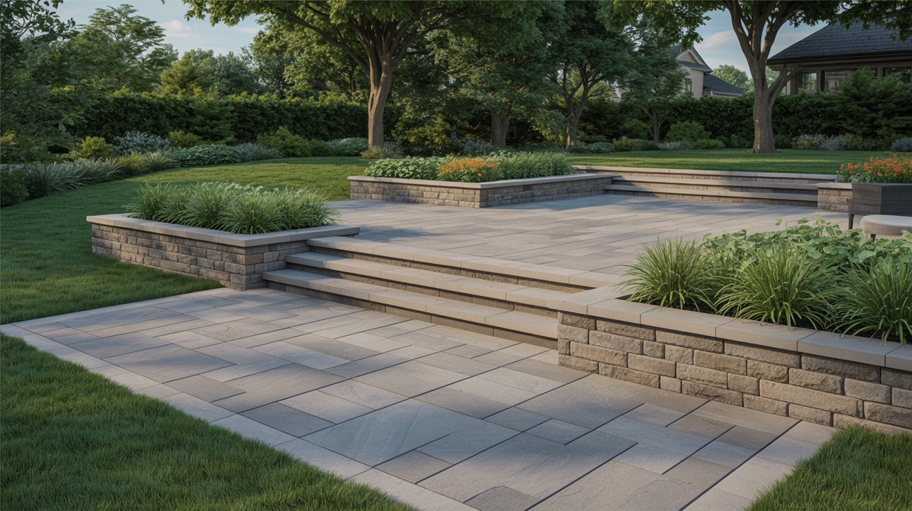 A stone patio featuring steps and surrounding landscaping, creating an inviting outdoor space.