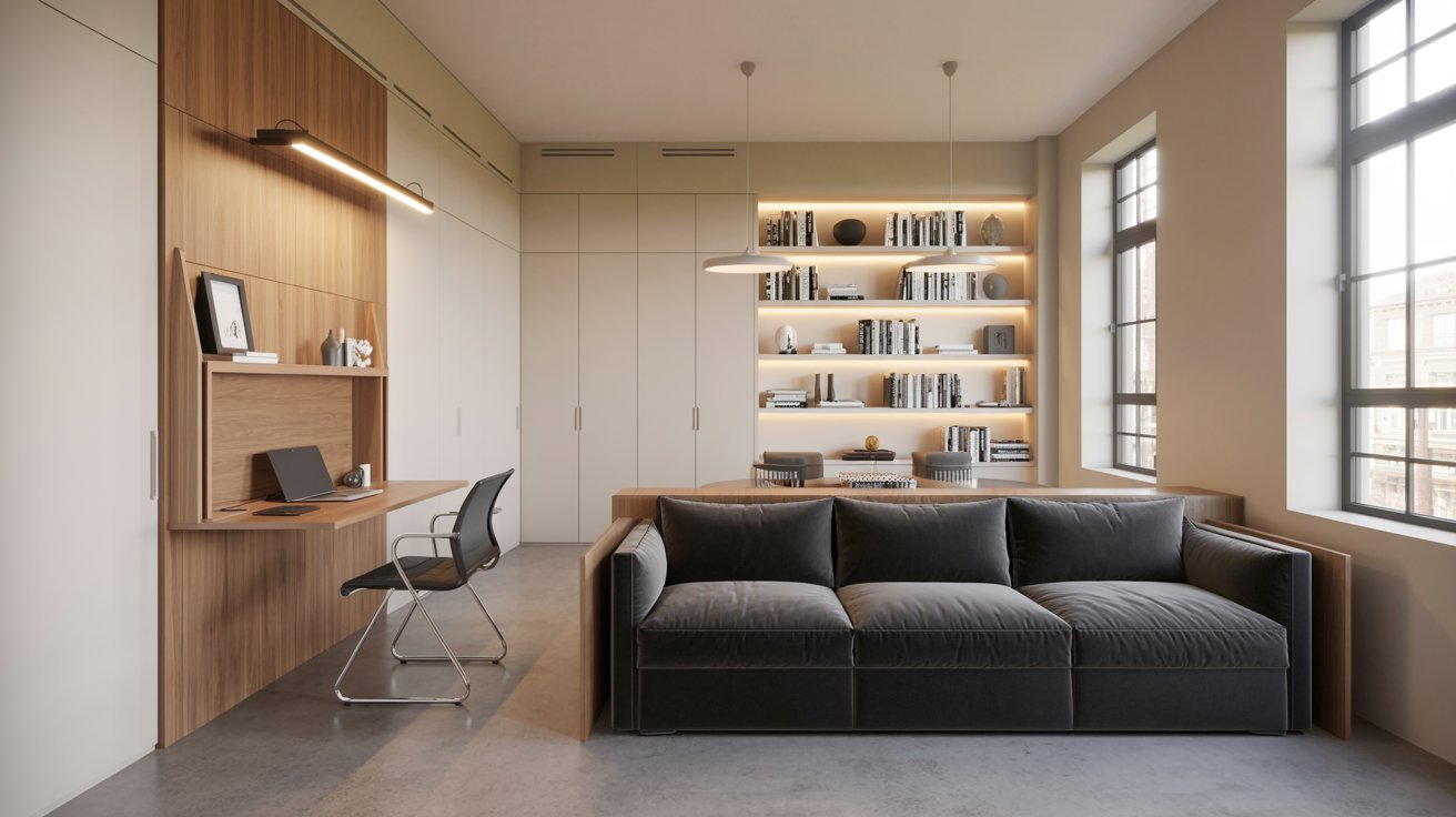  Interior of a contemporary apartment showcasing a cozy couch and a sleek desk.