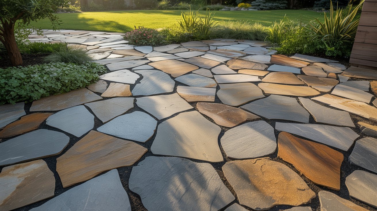 A serene stone walkway meanders through a lush garden, surrounded by vibrant plants and flowers.