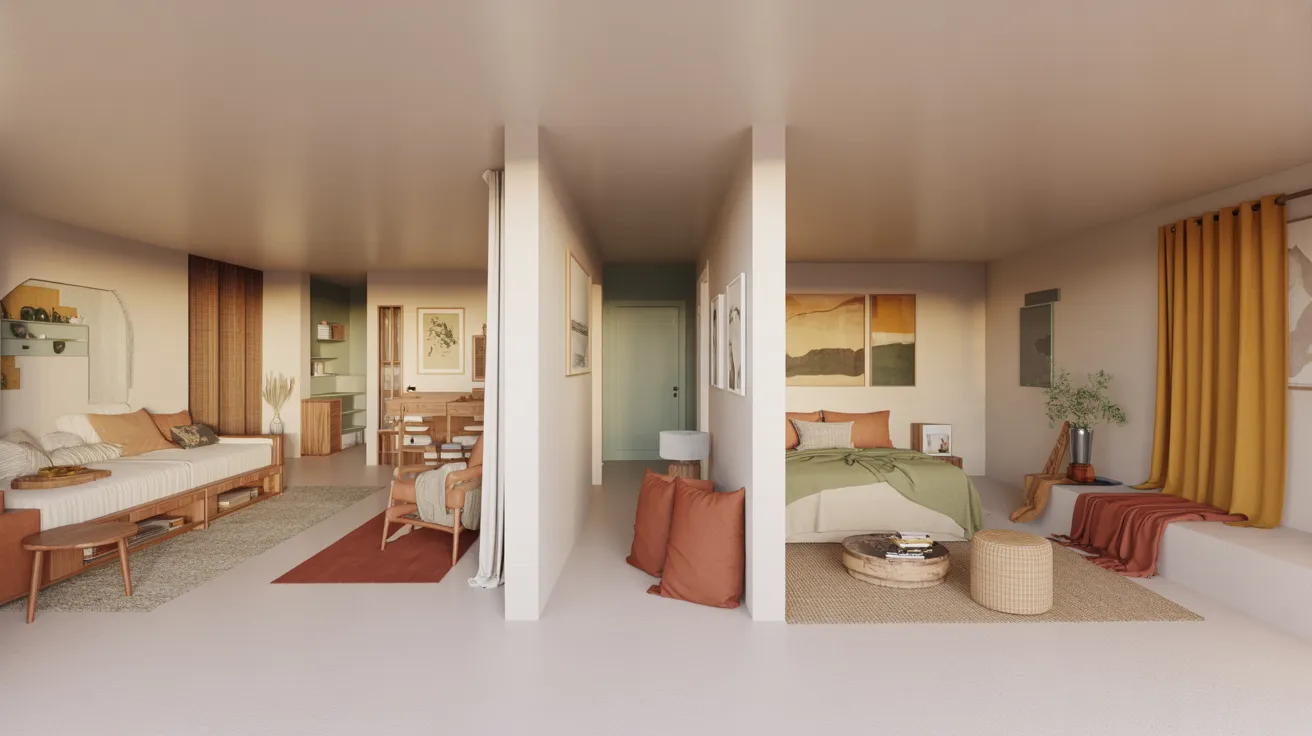 3D rendering of a cozy room featuring a bed and a couch, showcasing modern interior design elements.