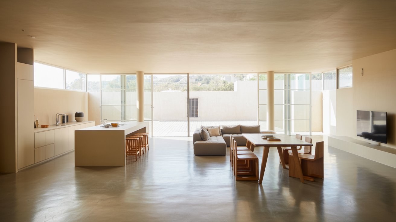 A modern living room featuring a spacious layout and a large window allowing natural light to fill the space.