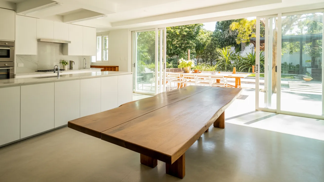 A modern kitchen featuring a dining table and large sliding glass doors leading to an outdoor space.