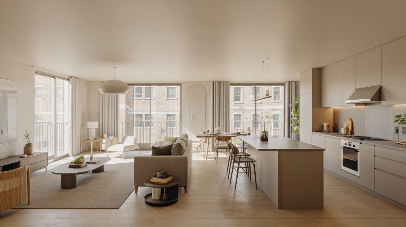 A spacious modern kitchen and living room in a large apartment, featuring sleek appliances and contemporary furnishings.