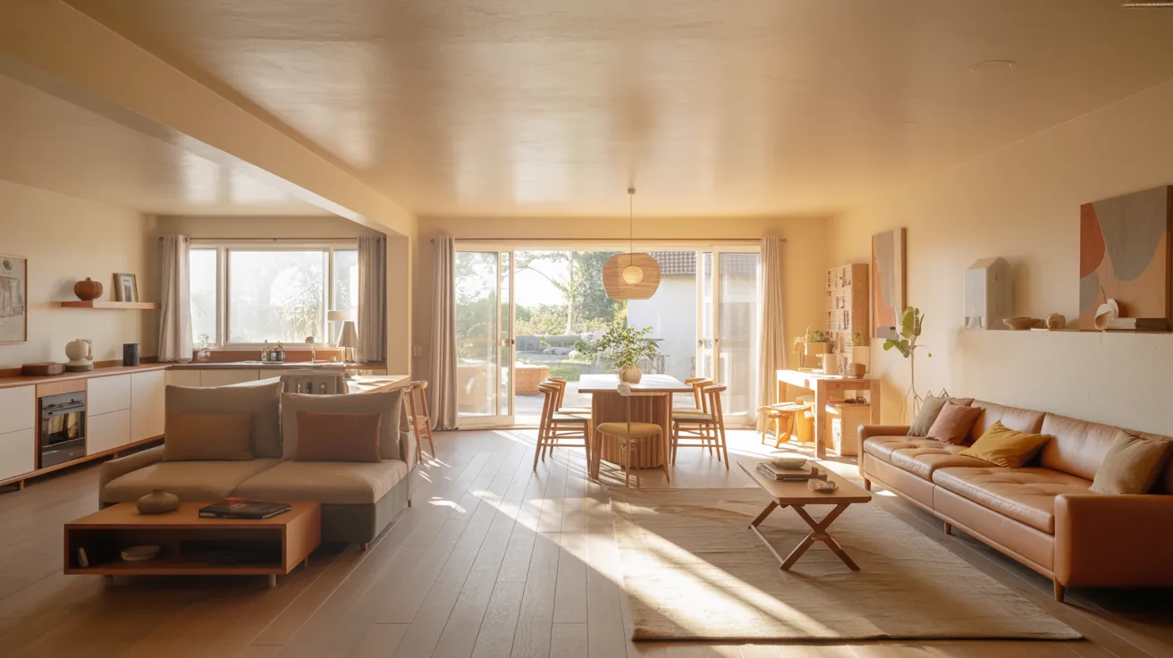 A bright living room and dining area with a large sliding glass door, enhancing natural light and outdoor access.