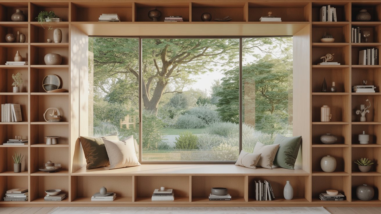 A comfortable window seat with a scenic view of a blooming garden, showcasing various plants and flowers.
