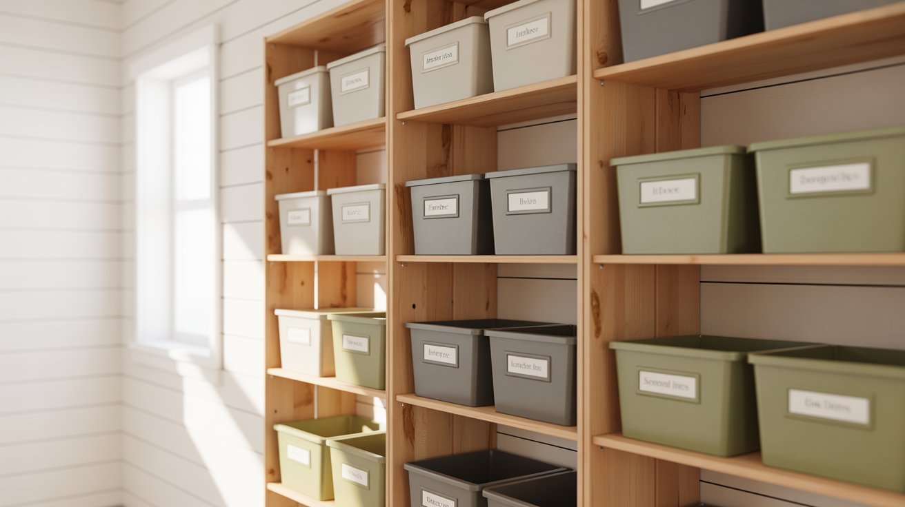  A room filled with shelves stacked high with various storage bins in different colors and sizes.

