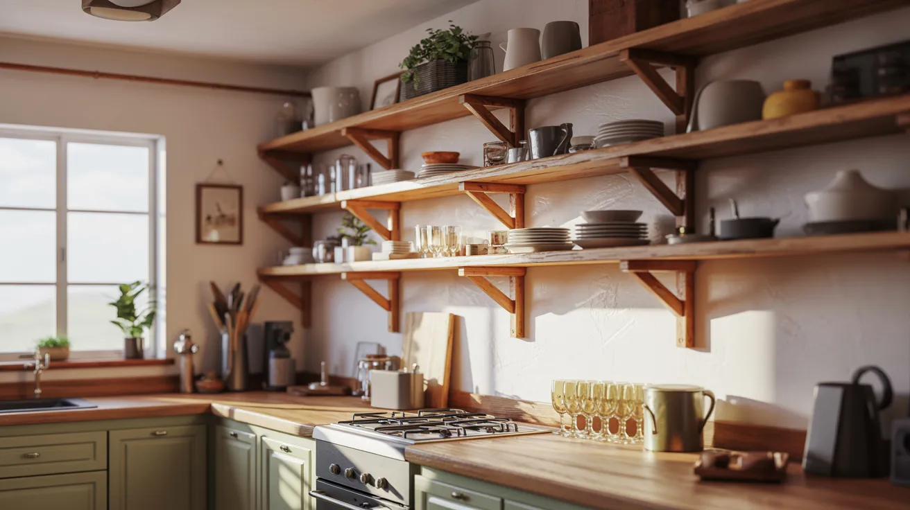 A kitchen featuring wooden shelves and a bright window, creating a warm and inviting atmosphere.