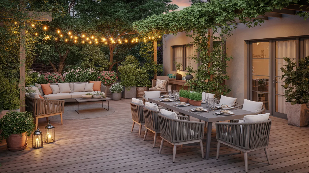 A cozy patio featuring stylish outdoor furniture and string lights, creating a warm and inviting atmosphere.