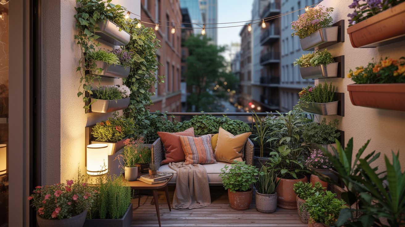 A cozy balcony featuring potted plants and a comfortable couch, creating a relaxing outdoor space.
