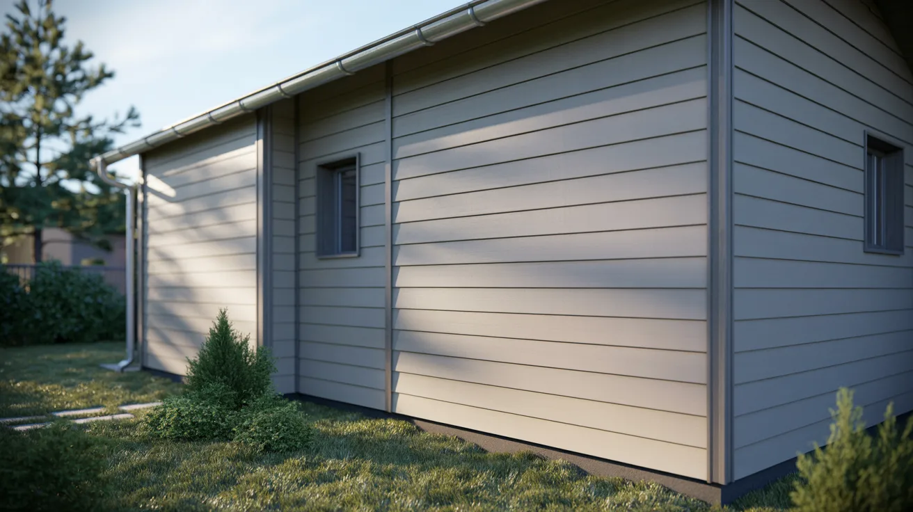 A small house featuring gray siding, set against a clear blue sky.
