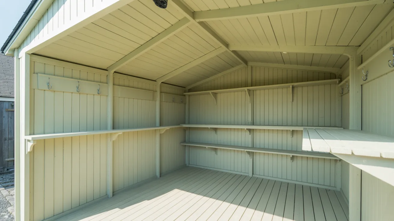small shed featuring shelves and a door, designed for storage and organization of tools or gardening supplies.