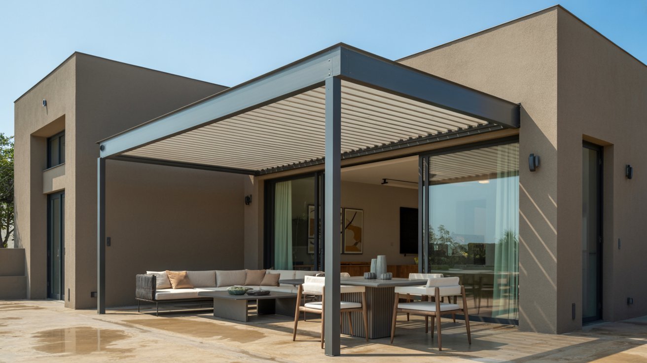 A patio featuring a covered area with comfortable outdoor furniture arranged for relaxation and socializing.