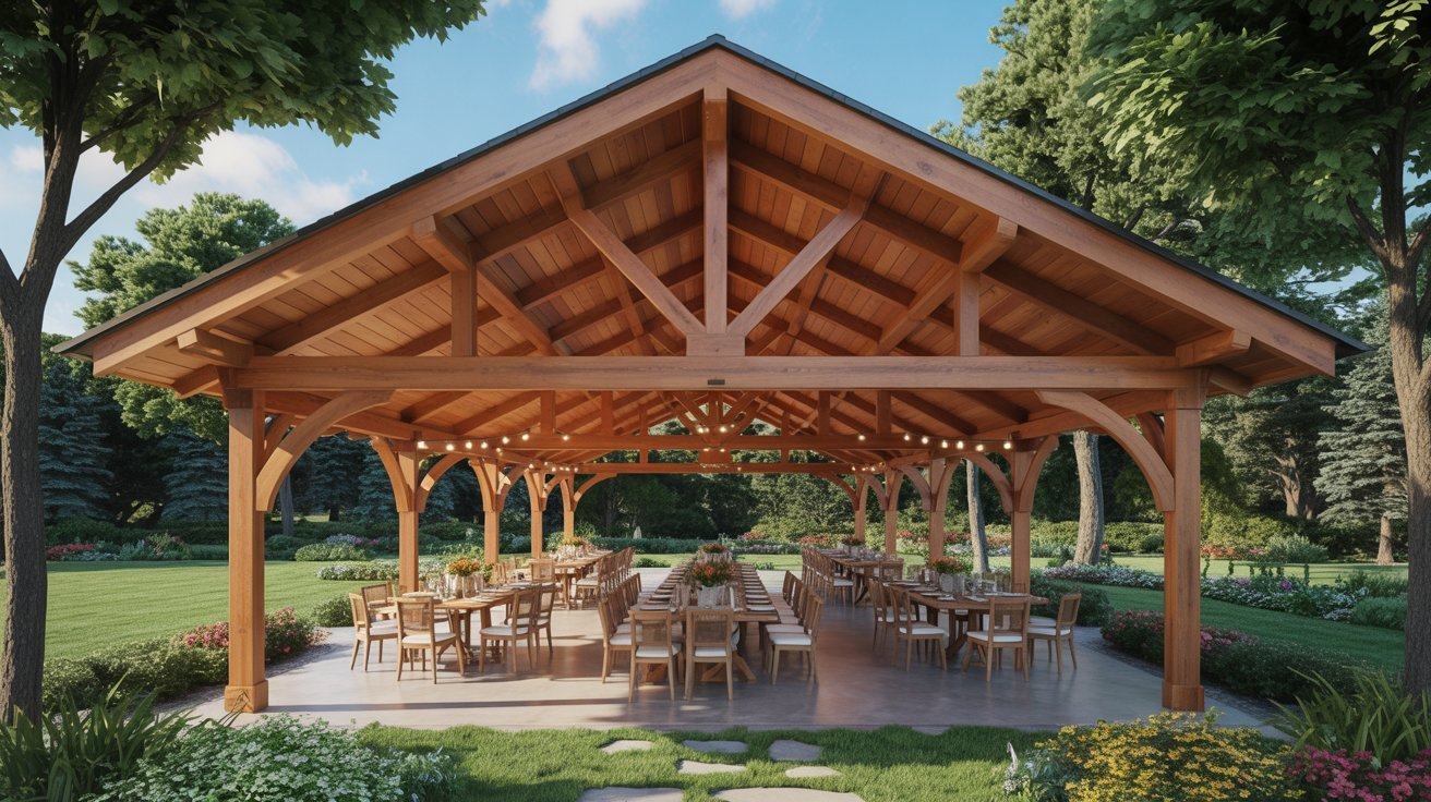 A rustic wooden outdoor wedding venue with a covered area, surrounded by greenery and natural light.
