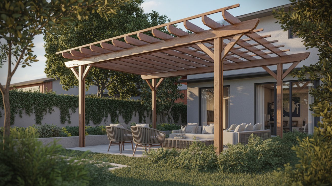 A backyard pergola with a patio area, featuring outdoor furniture for relaxation and entertainment.