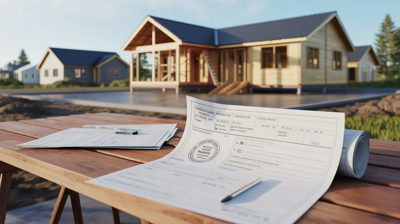 A house under construction with a construction paper and a pen placed nearby, indicating planning or design work.