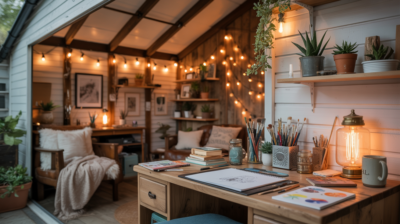 A desk featuring a lamp, potted plants, and an open book, creating a cozy workspace atmosphere.