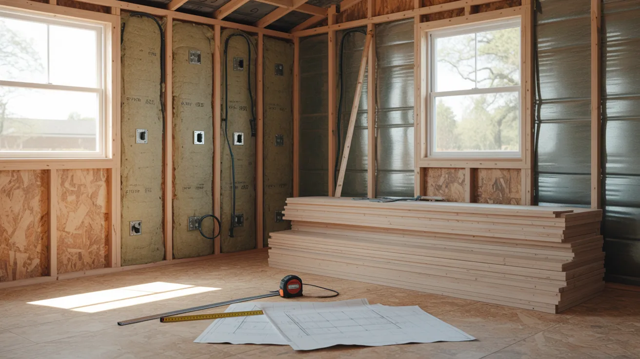 A workshop featuring wooden framing and various tools arranged on a workbench.