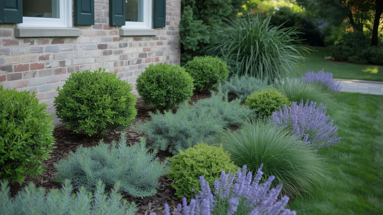 A vibrant garden featuring blooming lavender bushes surrounded by lush green shrubs.
