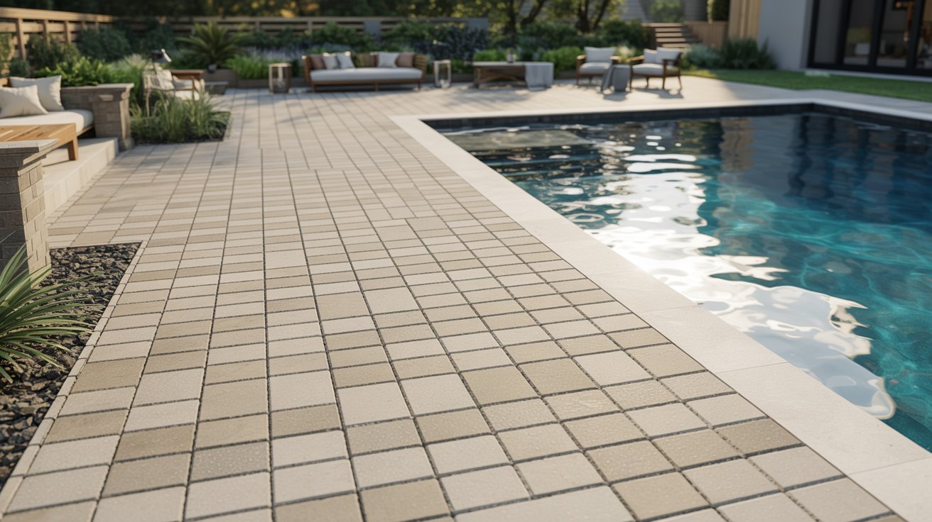 A serene pool surrounded by a tiled walkway and stylish patio furniture for relaxation.
