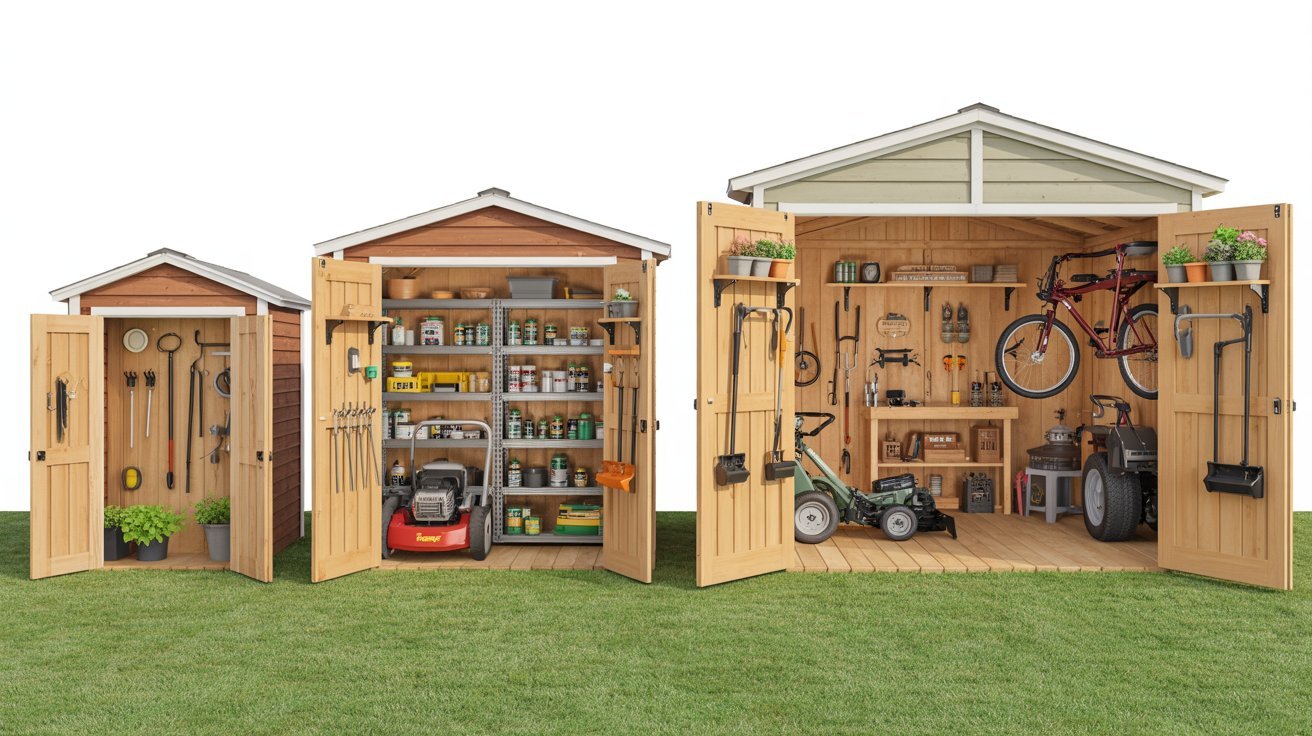 Three wooden sheds filled with various tools and items, showcasing a rustic storage space in a garden setting.
