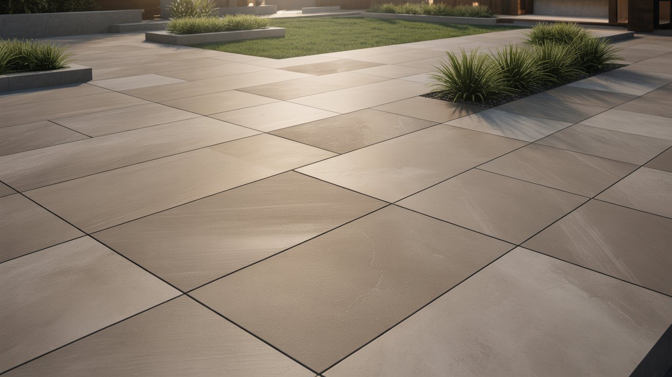A modern patio featuring a spacious stone floor, designed for outdoor relaxation and gatherings.