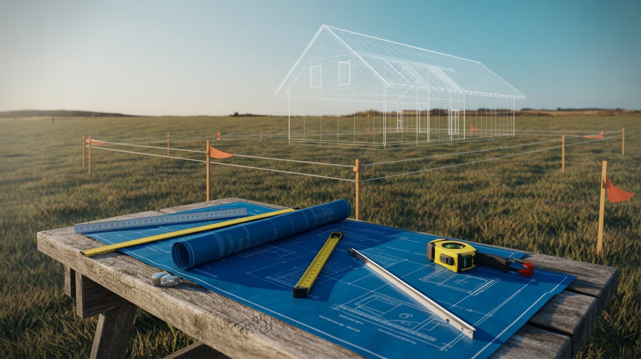  A house blueprint on a table surrounded by tools, illustrating a construction project in progress.