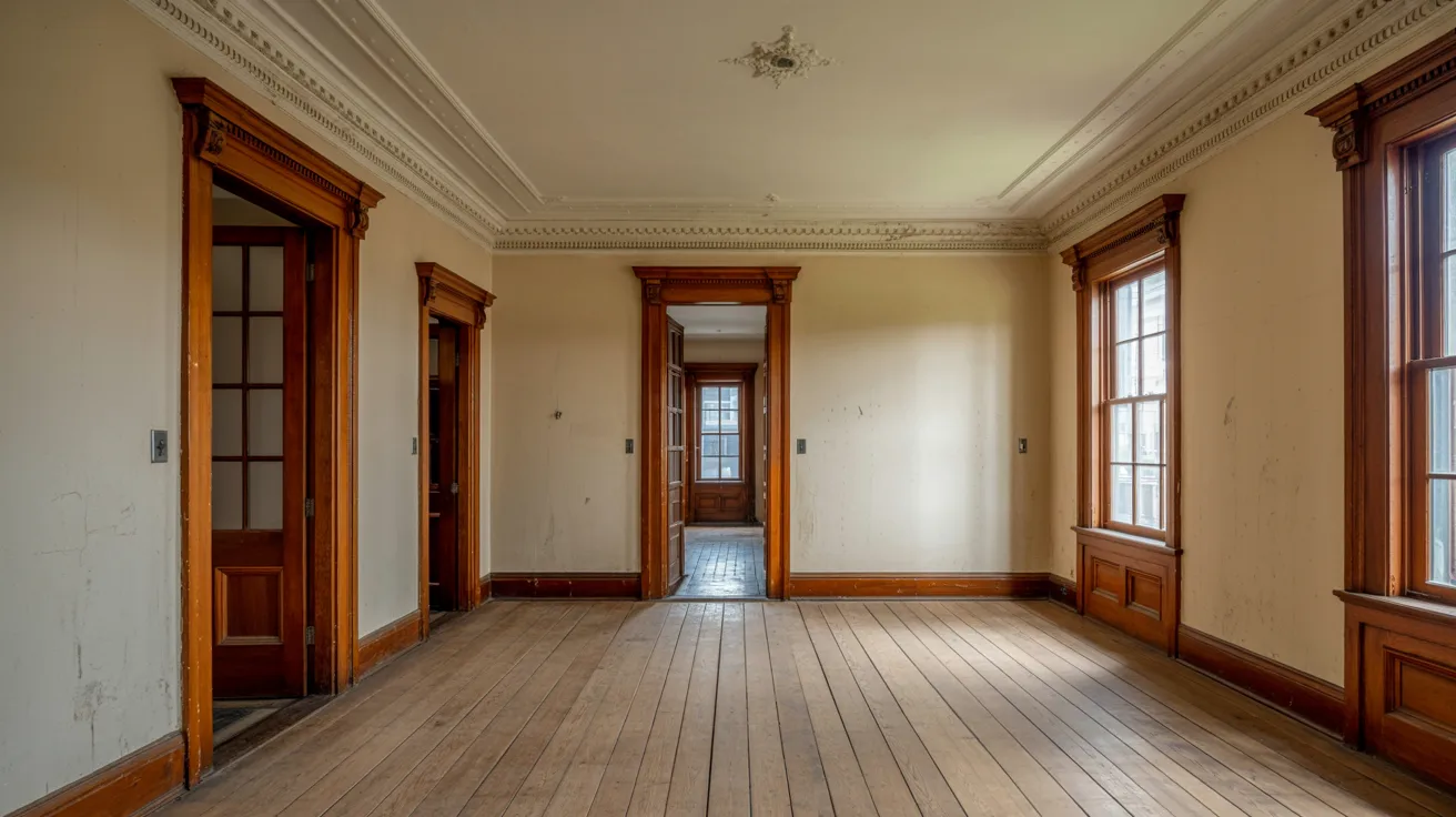 An empty room featuring wooden floors and a large window allowing natural light to enter.

