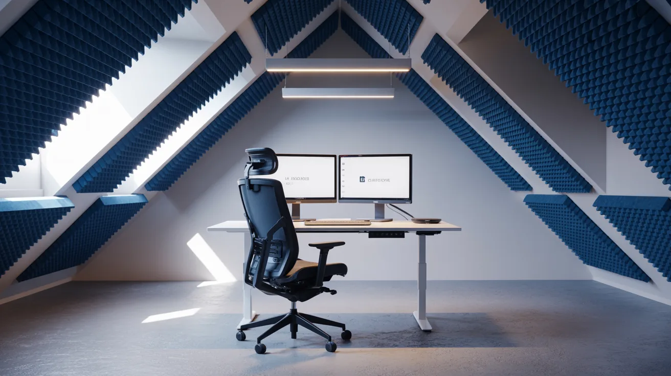 A desk with two computers and a chair set up in a cozy attic space.