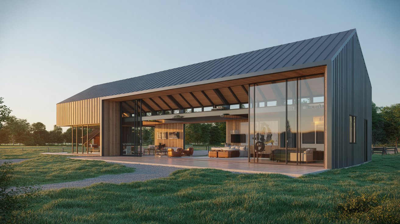 A modern barn featuring a glass roof and large windows, blending contemporary design with rustic charm.