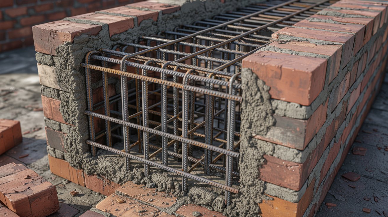 A textured brick wall featuring a metal cage embedded within it, highlighting a contrast between materials.