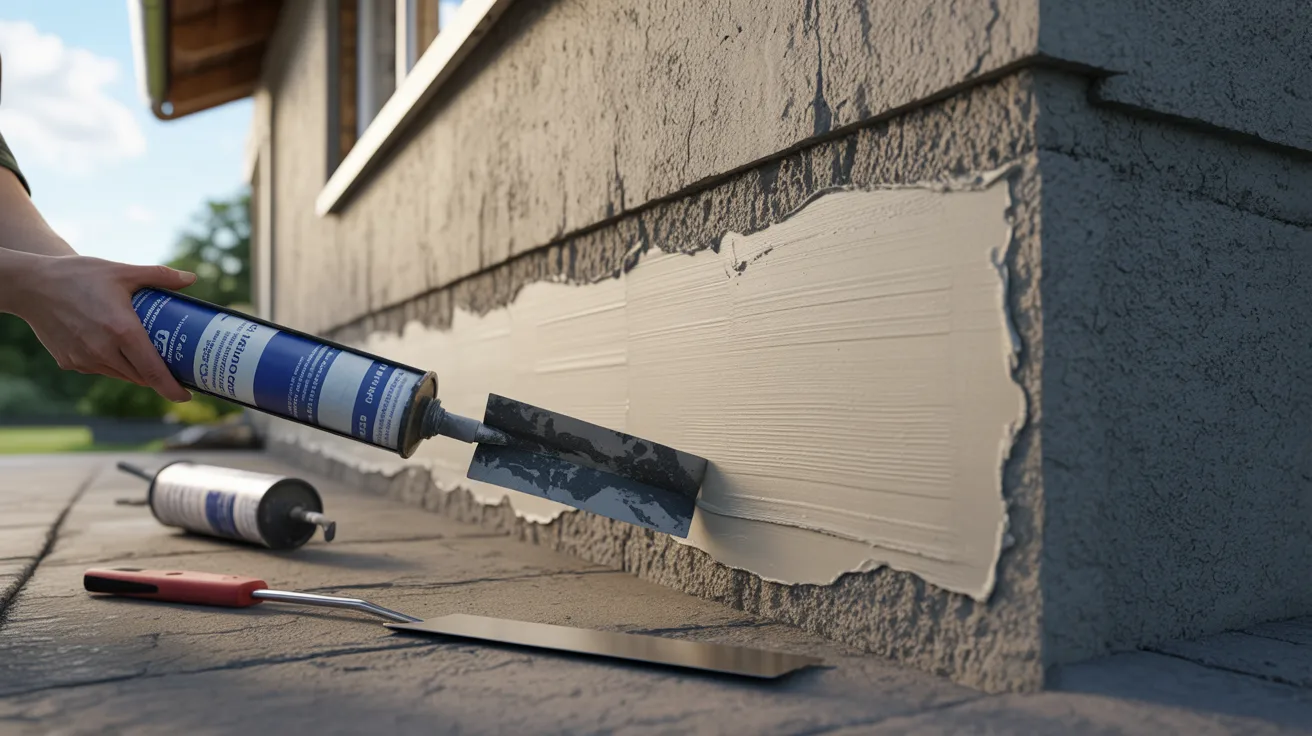 A person applies cement to the side of a house, focusing on smoothing the surface for a finished look.