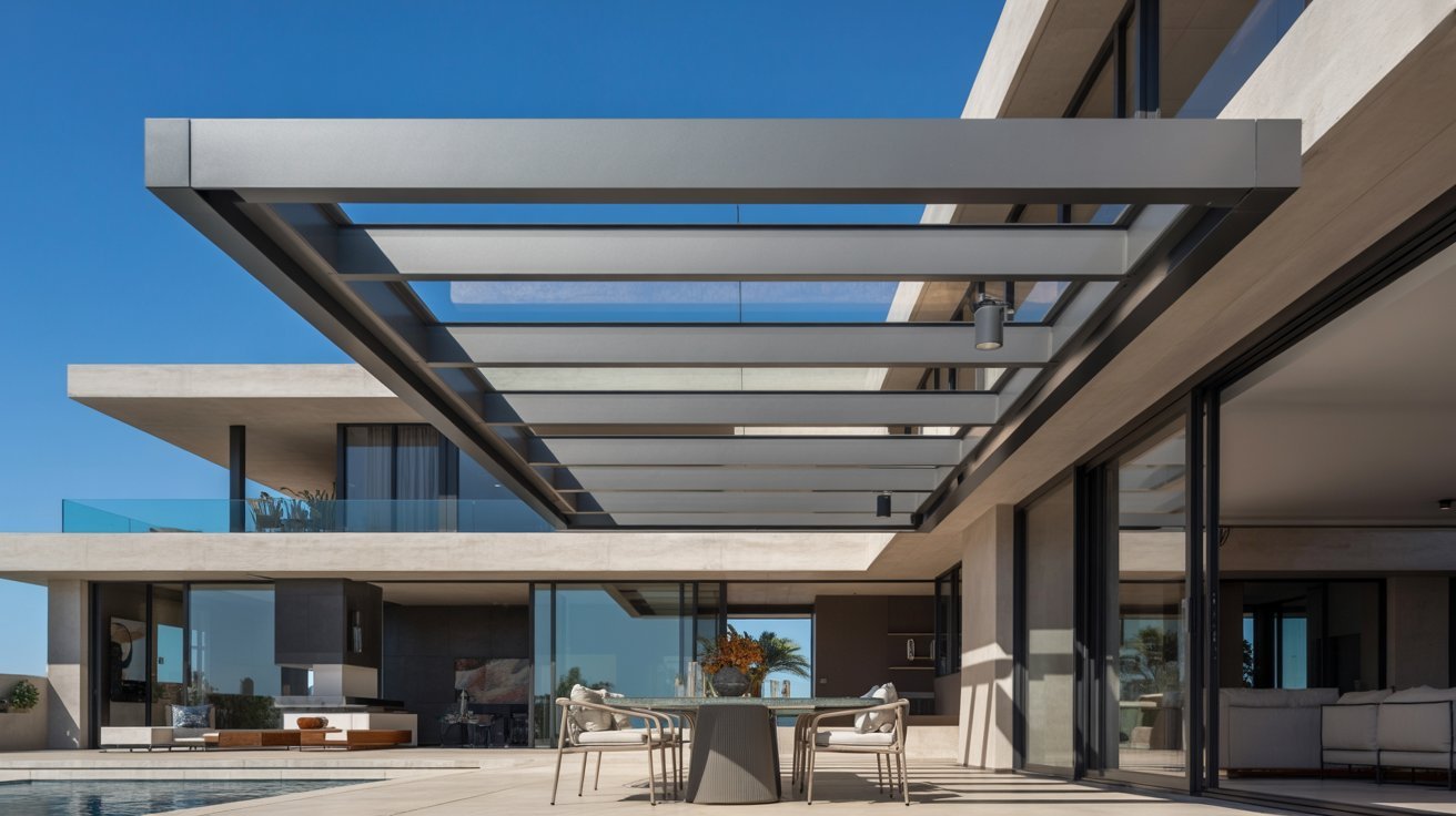 Modern house featuring a glass roof and a spacious patio area for outdoor relaxation.