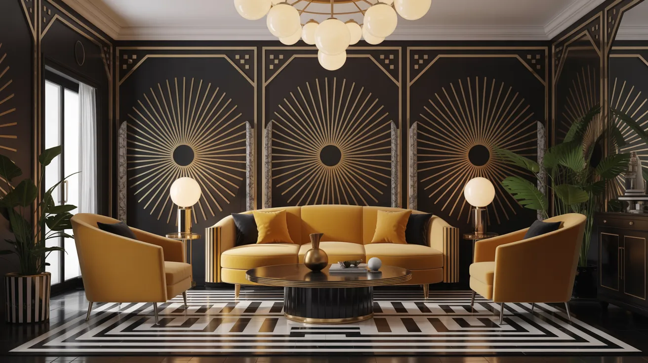  Art deco living room featuring gold furniture against striking black walls, showcasing a luxurious and elegant design.
