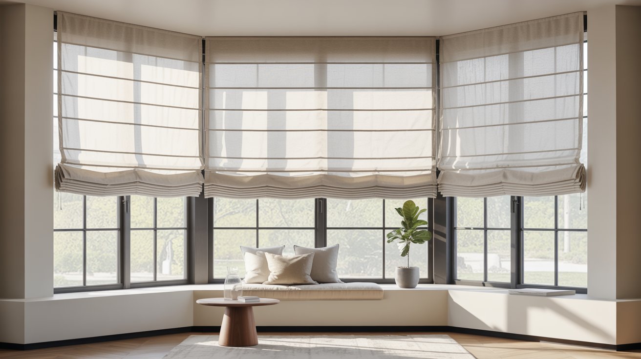  A large window adorned with a spacious Roman shade, allowing natural light to filter into the room.