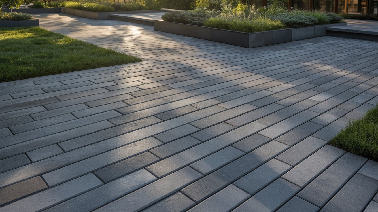 A walkway made of gray pavers bordered by lush green grass on either side.
