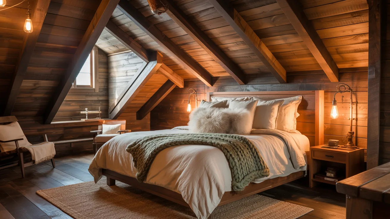An attic bedroom featuring wooden walls and a cozy bed, creating a warm and inviting atmosphere.