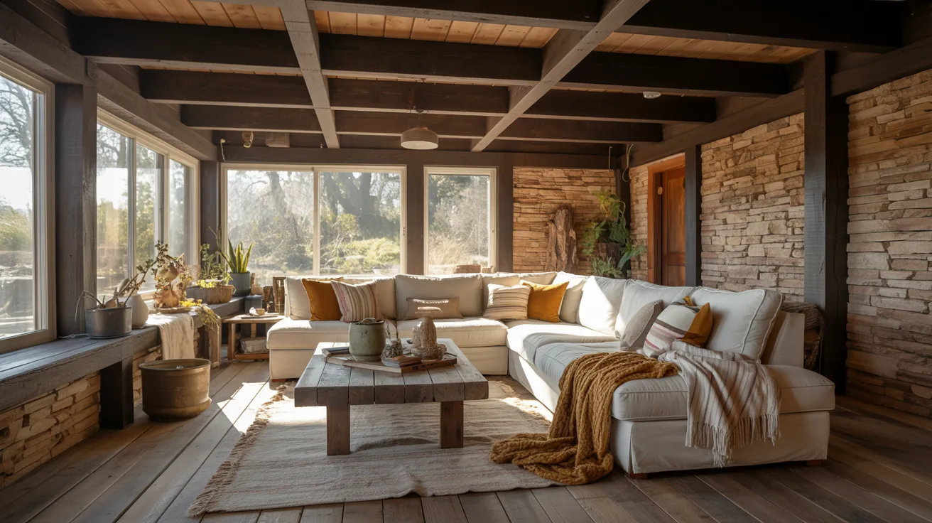 A sunroom featuring a cozy couch, a coffee table, and a warm fireplace, creating a welcoming atmosphere.