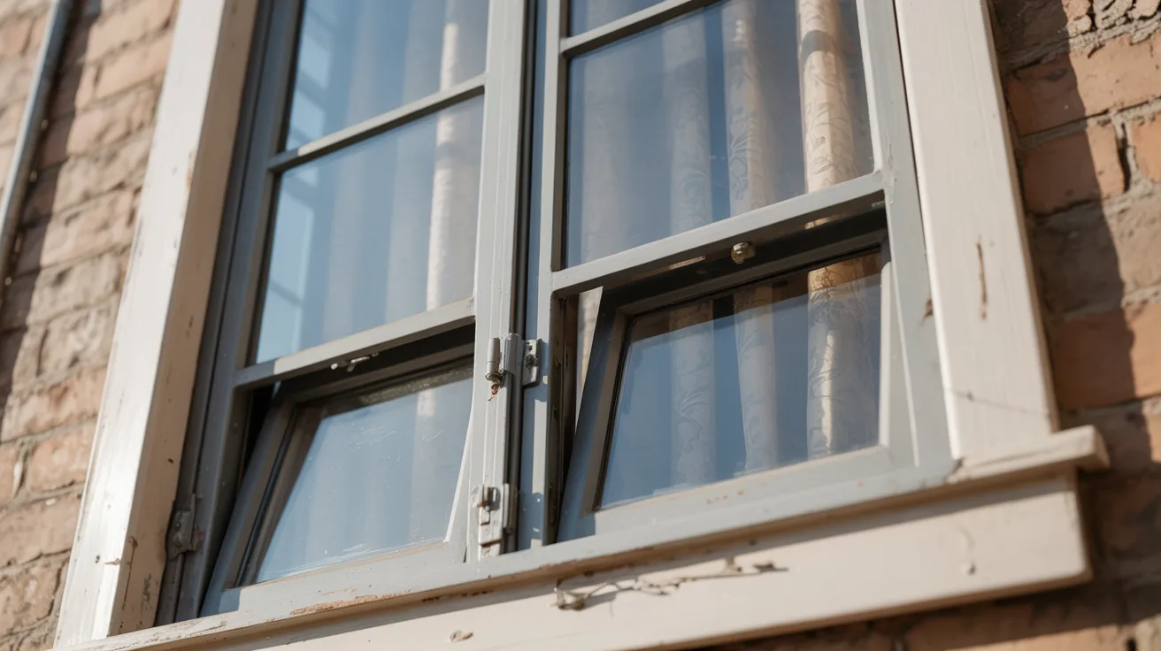 A metal-framed window featuring a mesh screen, allowing light and air while keeping insects out.