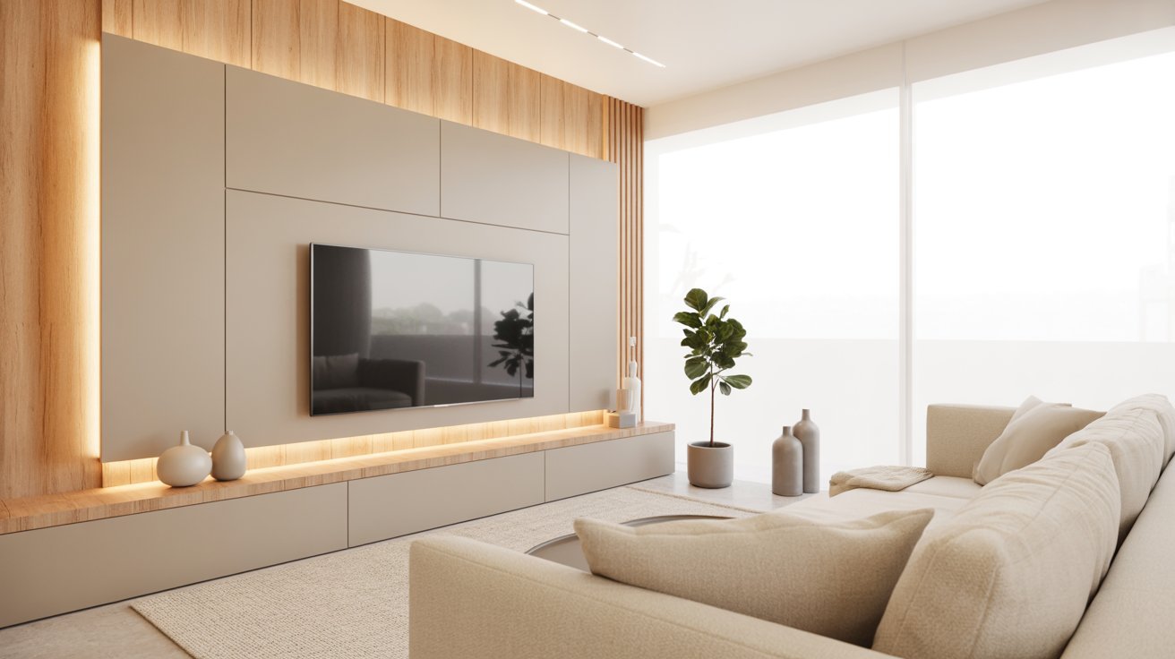 Modern living room featuring wooden paneling and a flat-screen TV mounted on the wall.
